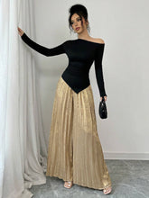 Women 2 Piece Set: Asymmetric Shoulder Gathered Blouse And Metal Pleated Wide Leg Pants, Elegant